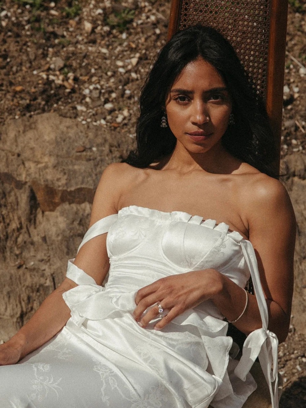 White Strapless Satin Dress with Ribbon Details